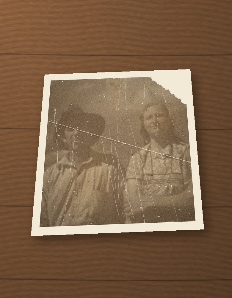An old print lying on a wooden table, seen through the phone camera